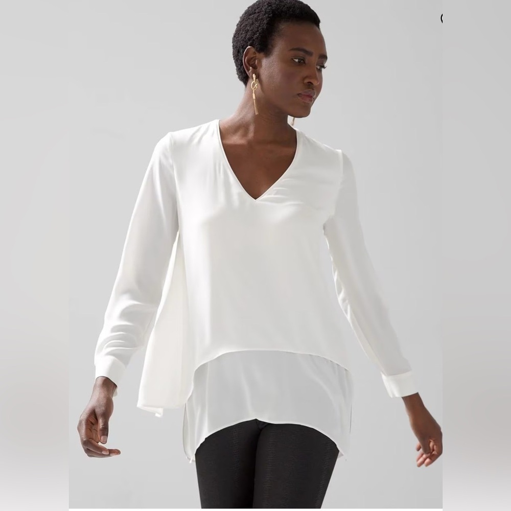 White House Black Market Ivory Long Sleeve Sheer V-Neck Tunic Size- S
